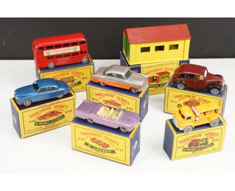 Six boxed Matchbox Series diecast models to include 33 Ford Zodiac, 17 Metropolitan Taxi, 39 Pontiac Convertible, 5 London Bu