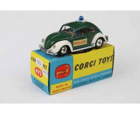 Boxed Corgi 492 Volkswagen European Police Car diecast model, diecast ex with a paint chip to rear, decals ex, with 'True Sca