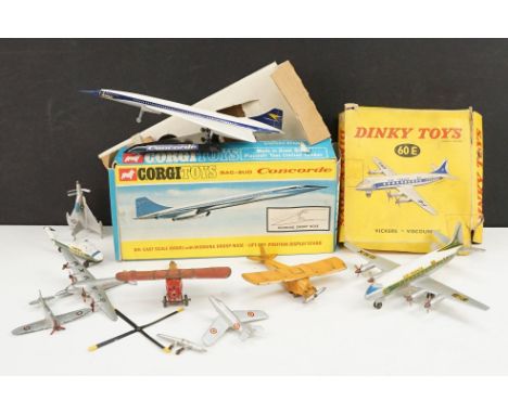 Nine Mid 20th C diecast model planes to include boxed Corgi 650 BAC SUD Concorde with BOAC livery (diecast vg, box fair), box