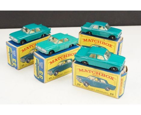 Four boxed Matchbox 75 Series 33 Ford Zephyr diecast models in sea-green body, diecast ex, boxes gd-vg overall