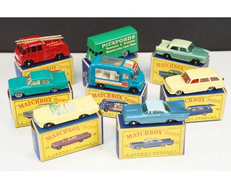 Eight boxed Matchbox 75 Series diecast models to include 47 Lyons Maid Ice Cream Mobile Shop, 46 Pickfords Removal Van, 33 Fo