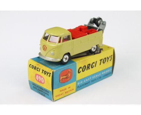 Boxed Corgi 490 Volkswagen Breakdown Truck diecast model in avocado green, missing hook otherwise ex condition with ex box