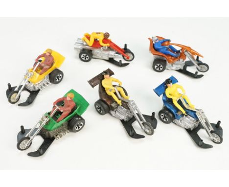 Six Mattel Chopcycles diecast models to include 2 x Speed Stead (1 x in main body green, brown rider with tan flat cap &amp; 