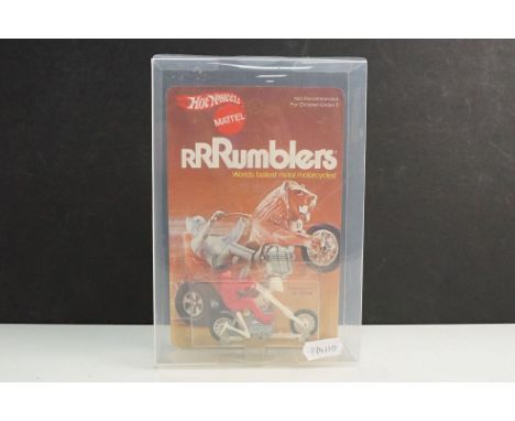 Original carded 1972 Mattel Hot Wheels Rrrumblers 6645 Bone Shaker metal motorcycle, unpunched card shows minor creasing to a