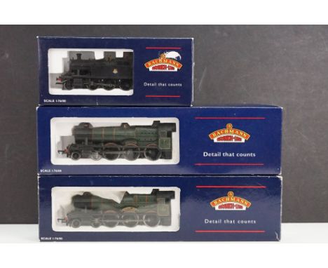 Three boxed Bachmann OO gauge locomotives to include 31-777 Class 6962 Modified Hall Soughton Hall locomotive and tender in G