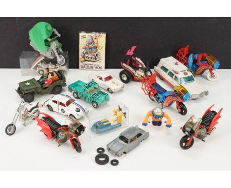 14 Mid 20th C diecast &amp; plastic models to include Corgi Spiderman Spiderbike, Corgi Batman Batbike, Corgi The Saints Car,