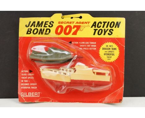 Carded Gilbert James Bond 007 Dr No's Dragon Tank and Largo's Hydrofoil Yacht model set, bubble gd and secure with small dent