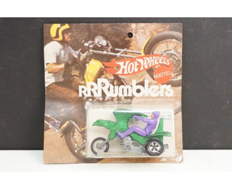 Carded Mattel Hot Wheels Rrrumblers Bold Eagle in metallic green body, purple rider with purple helmet complete and ex, card 