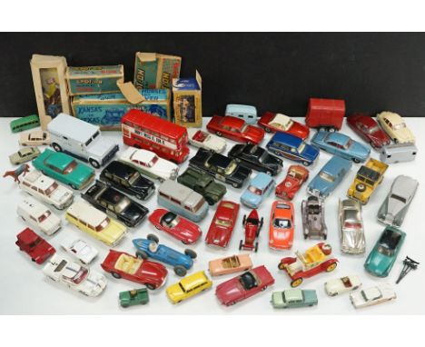 Around 50 Mid 20th C diecast models to include Triang Spot On Vauxhall Cresta, Triang Spot On Daimler SP 250 (with tatty box)