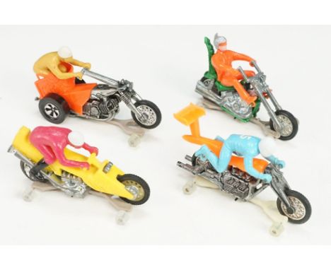 Four Mattel Rrrumblers models to include High Trailer in orange with pale blue rider in white helmet, Straight Away in yellow