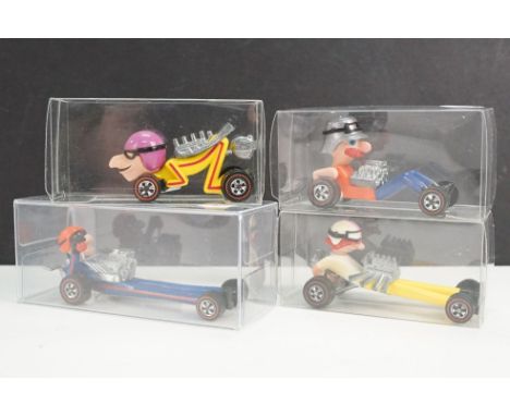 Set of four Mattel Hot Wheels Farbs Fantastic Car Kooks redline diecast models to include Red Catchup, Myles Ahead, Hot Rodne