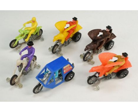 Six Mattel Hot Wheels Rrrumblers models to include Preying Mantis (lime green body, yellow rider with yellow helmet, 3 x Bold