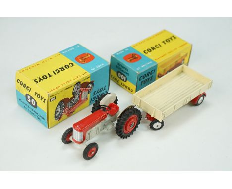 Boxed Corgi 50 Massey Ferguson 65 Tractor diecast model in red plus a boxed Corgi 100 Dropside Trailer in cream and red, diec