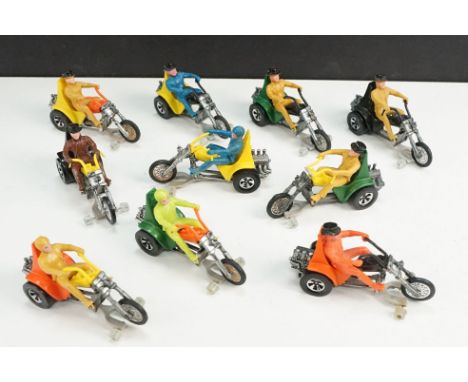 10 Mattel Hot Wheels Rrrumblers 3 Squealer diecast models with variant bodies, seats and riders, a few with grubby marks but 