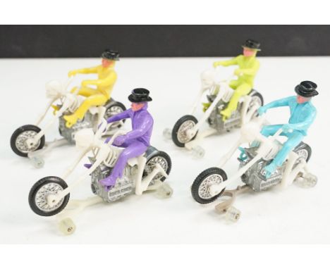 Four Mattel Hot Wheels Rrrumblers 6645 Bone Shaker models all with colour variant riders to include purple, yellow, lime gree