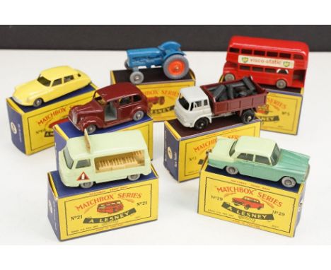 Seven boxed Matchbox 75 Series diecast models to include 66 DS 19 Citroen in yellow, 29 Austin Cambridge in two tone green (s