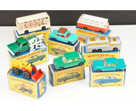 Eight boxed Matchbox 75 Series diecast models to include 64 MG 1100, 50 Kennel Truck, 33 Ford Zephyr, 74 Daimler Bus, 43 Trac