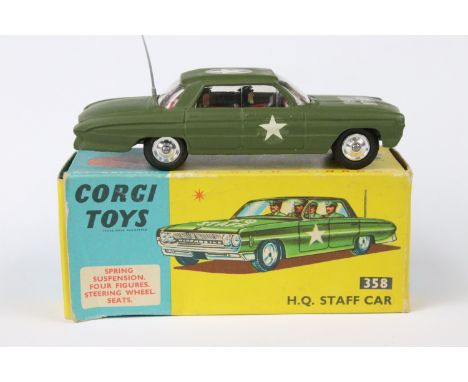 Boxed Corgi 358 HQ Staff Car diecast model, aerial intact, vg decals, diecast vg, box gd with some end wear