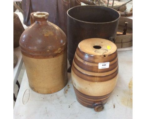 A copper coal bin; a stone glazed barrel and a stone glazed flagon for R. Deeks of Barnham