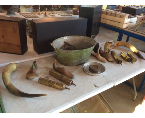 A small galvanised bath; various metal tools; weights; trap; shoe stretchers; large pair of horns etc.