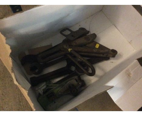 A box of miscellaneous tools including spanners, a large clamp made by Klein Tools Chicago, tin opener etc. 