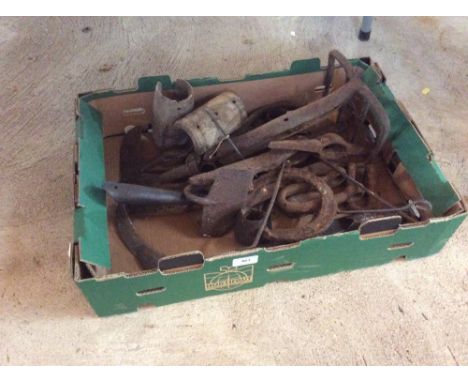 A box of various old iron hand tools etc.
