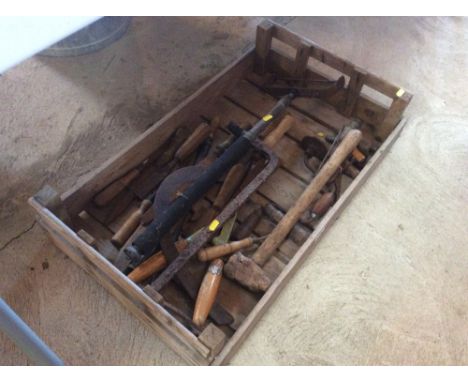 A vintage wooden tray for P.E. Hillard and contents of various old woodworking and other tools, stirrup pump etc.