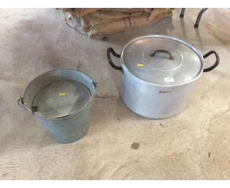 A vintage galvanised bucket and a large boiling pan with lid