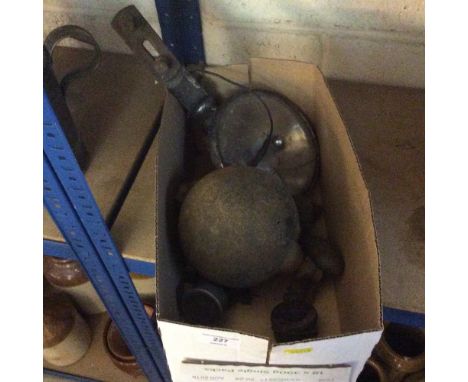 Two vintage car spotlights, fuel gauge, amp meter etc. 