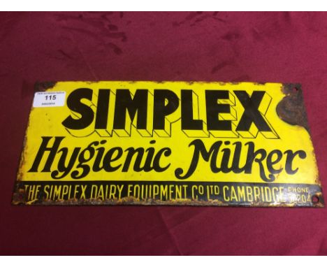 A "Simplex Hygenic milker" enamel sign, 33cm x 15cm
