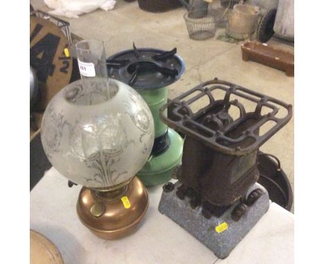 A Valor oil stove; a Beatrice oil stove and an oil lamp with copper font and floral etched shade