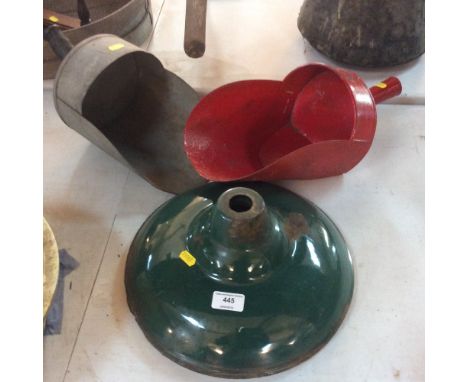Two vintage enamel ceiling light shades and two metalware grain scoops
