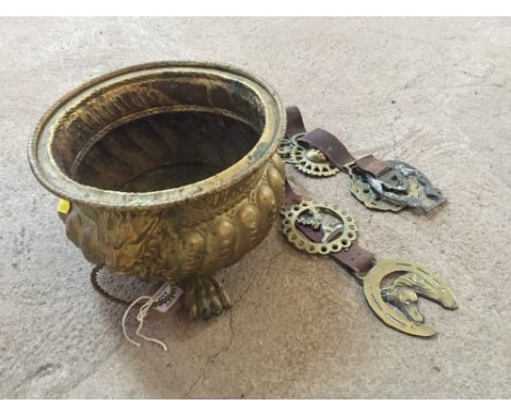 A Victorian brass planter and seven horse brasses