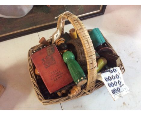 An old vintage wicker basket and contents of various old toys, Post Office savings bank, chess pieces etc.