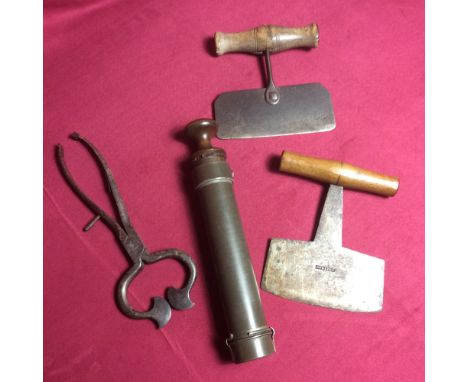 Two 19th Century herb choppers; a vintage icing gun and a pair of sugar cutters