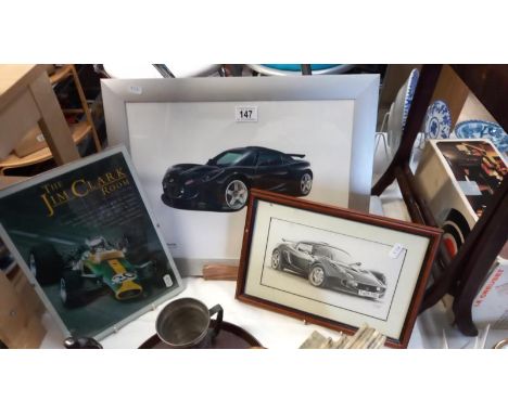 2 framed Lotus Exige prints and a Jim Clark museum exhibition print
