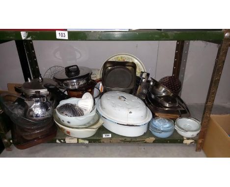 A Shelf of kitchenalia Including Enamel Rotary Pot etc 