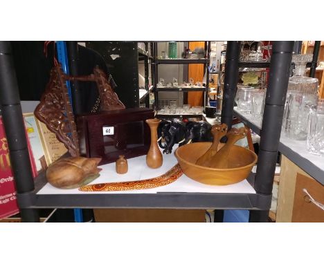 A Pair of Carved Ebony Elephants Salad Serving Bowls and Tools, Boomerang etc