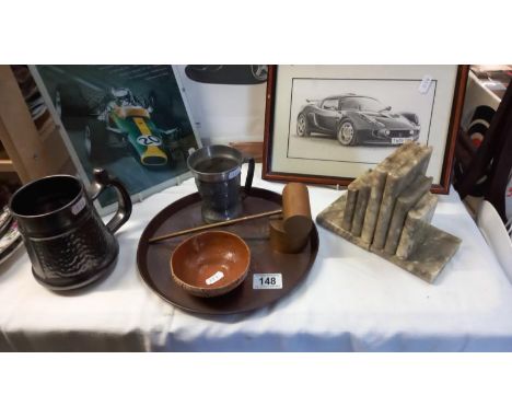 A Vintage Alabaster bookend and arts and crafts copper tray etc