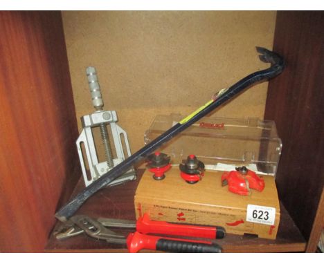 A 3 piece panel bit set, crow bar and other tools etc