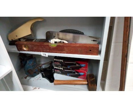 2 shelves of old tools including industrial stapler &amp; vice etc.