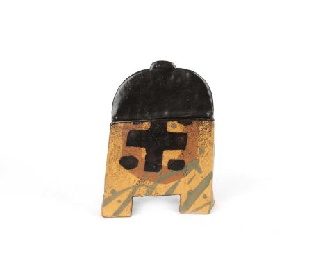 John Maltby (British 1936-2020) Slab Vessel Stoneware, rectangular outline, black and ochre glazed with stylised detail, sign