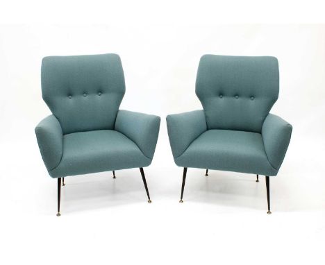 Andrew Joel for Allen Snowball Rare Pair of "Lina" Cocktail Armchairs Circa late 1950s/early 1960s, upholstered in powder-blu