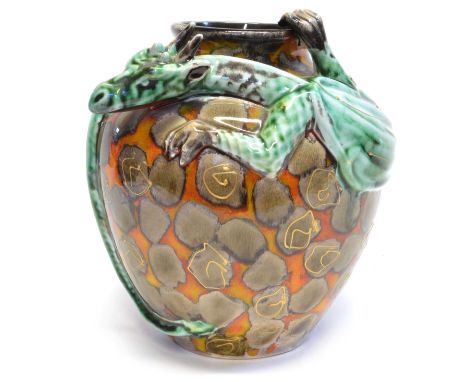 Anita Harris  Dragon vase With applied moulded dragon wrapped around the circumference of the vase on an orange, brown and gi