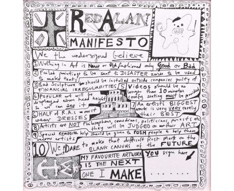 Sir Grayson Perry O.B.E., R.A. (British 1960-) "Red Alan Manifesto" Printed on a paper napkin.32.5 x 32.5cm (framed 36.5 x 36