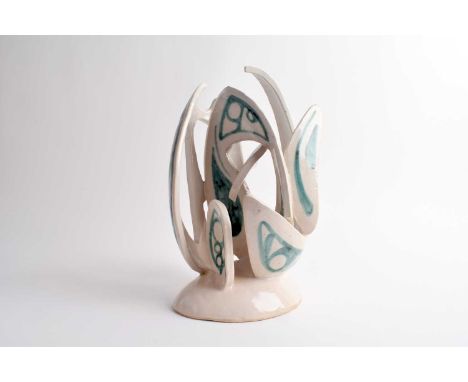 Guido Gambone (Italian 1909-1969, attributed) Ceramic Sculpture Mid-20th century, abstract form, cream glazed with aqua detai