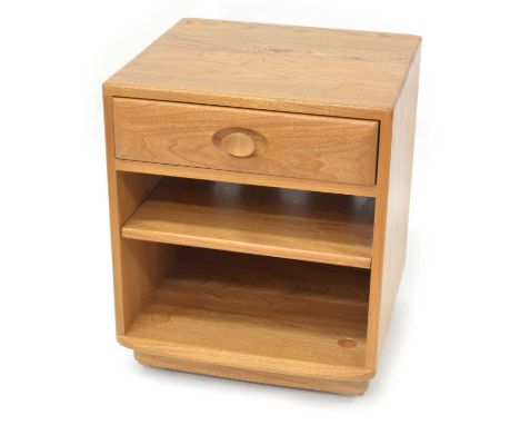 Ercol  "Windsor" golden elm bedside cabinet Rectangular top over a drawer, with a single shelf beneath on a plinth base.47cm 