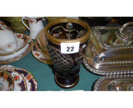 A 19TH CENTURY BOHEMIAN HUNT SCENE RUBY GLASS CHALICE