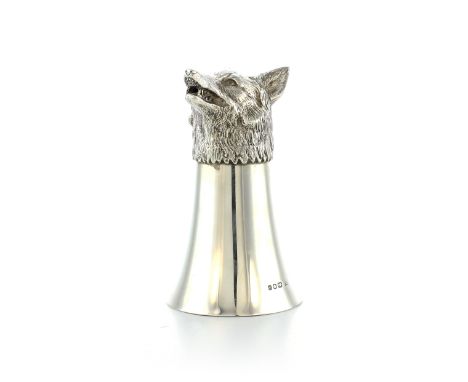 A vintage Sterling Silver fox head stirrup cup by William Comyns &amp; Sons, London 1970. Designed as a concave tapering beak