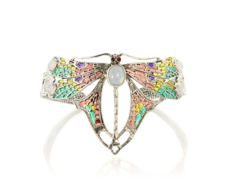 A plique a jour enamel, opalite and ruby set cuff bangle in sterling silver designed as a large dragonfly with cabochon opali